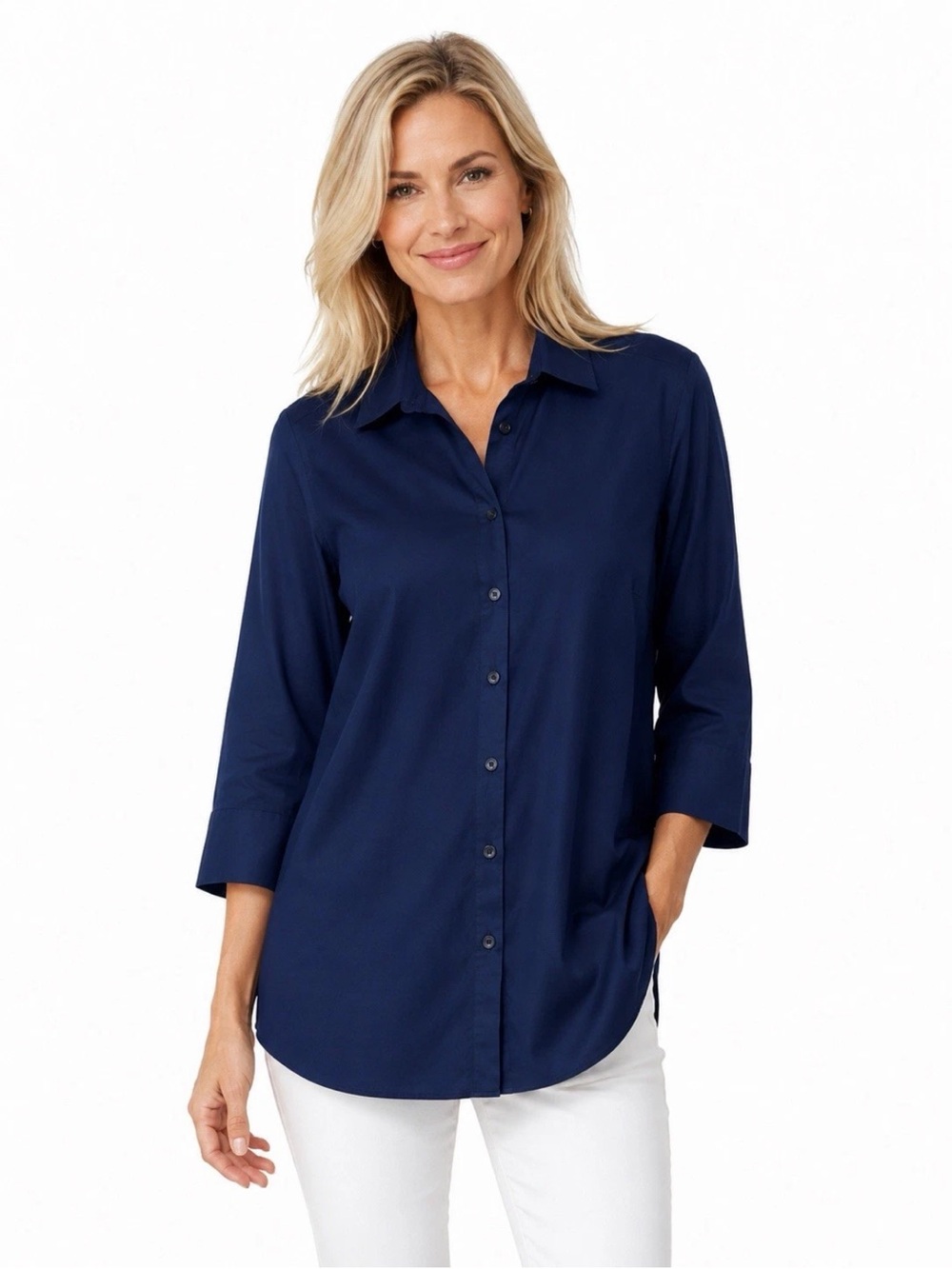 Chico's No Iron Navy Blue Button-Up Shirt Top Size 1 US 8/10 100% Cotton NWT